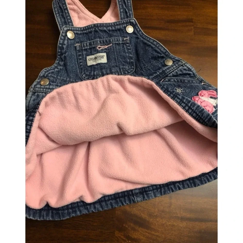 OshKosh B'Gosh baby girl denim fleece lined overall jumper dress bunny 12 months